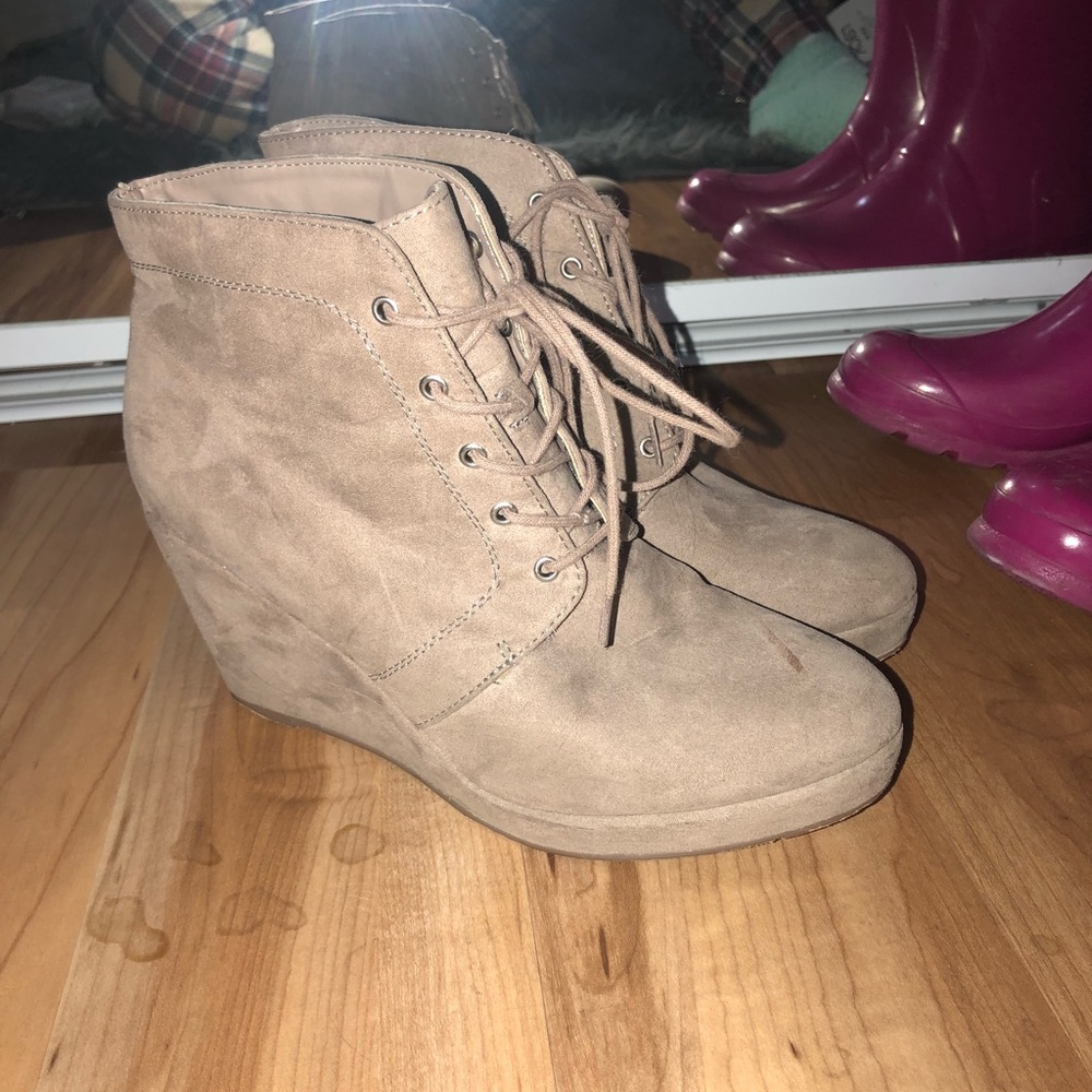 Tan suede lace up booties